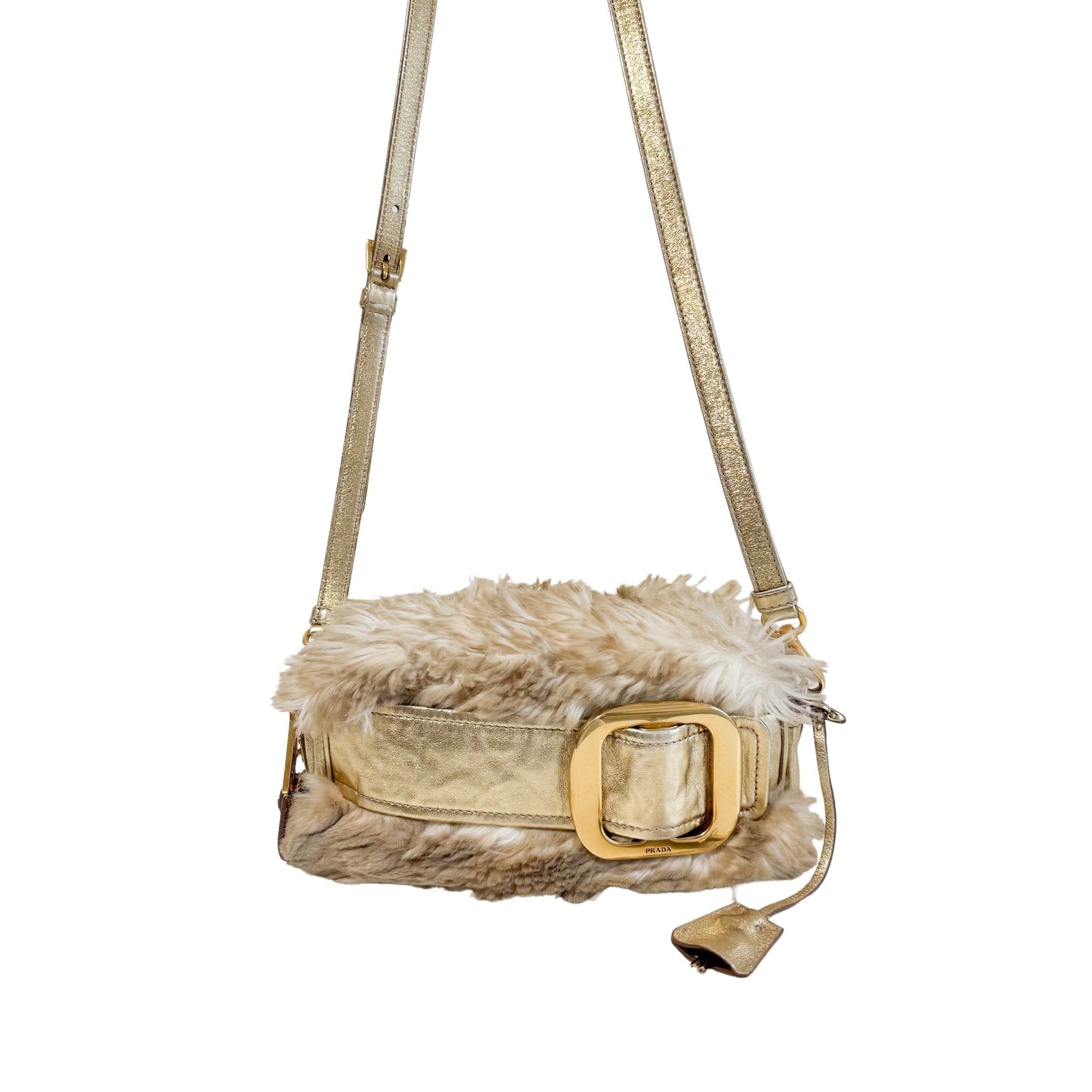 PRADA Faux Fur Gold Leather Shoulder Bag, in , Sold by HIVE PRELOVED - Crossbody bags, Shoulder Bags,