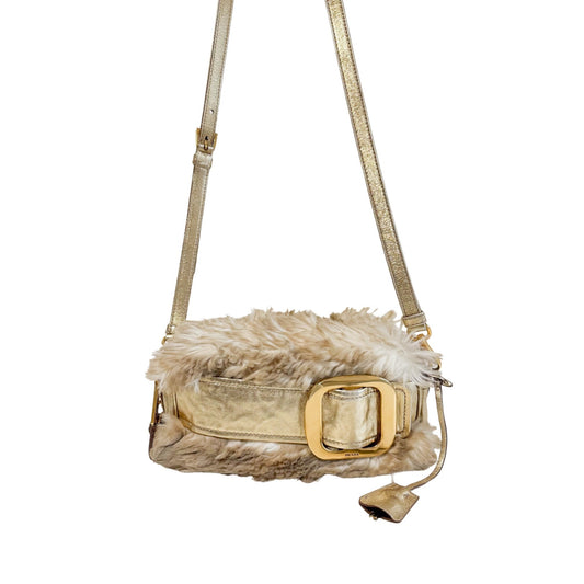 PRADA Faux Fur Gold Leather Shoulder Bag, in , Sold by HIVE PRELOVED - Crossbody bags, Shoulder Bags,