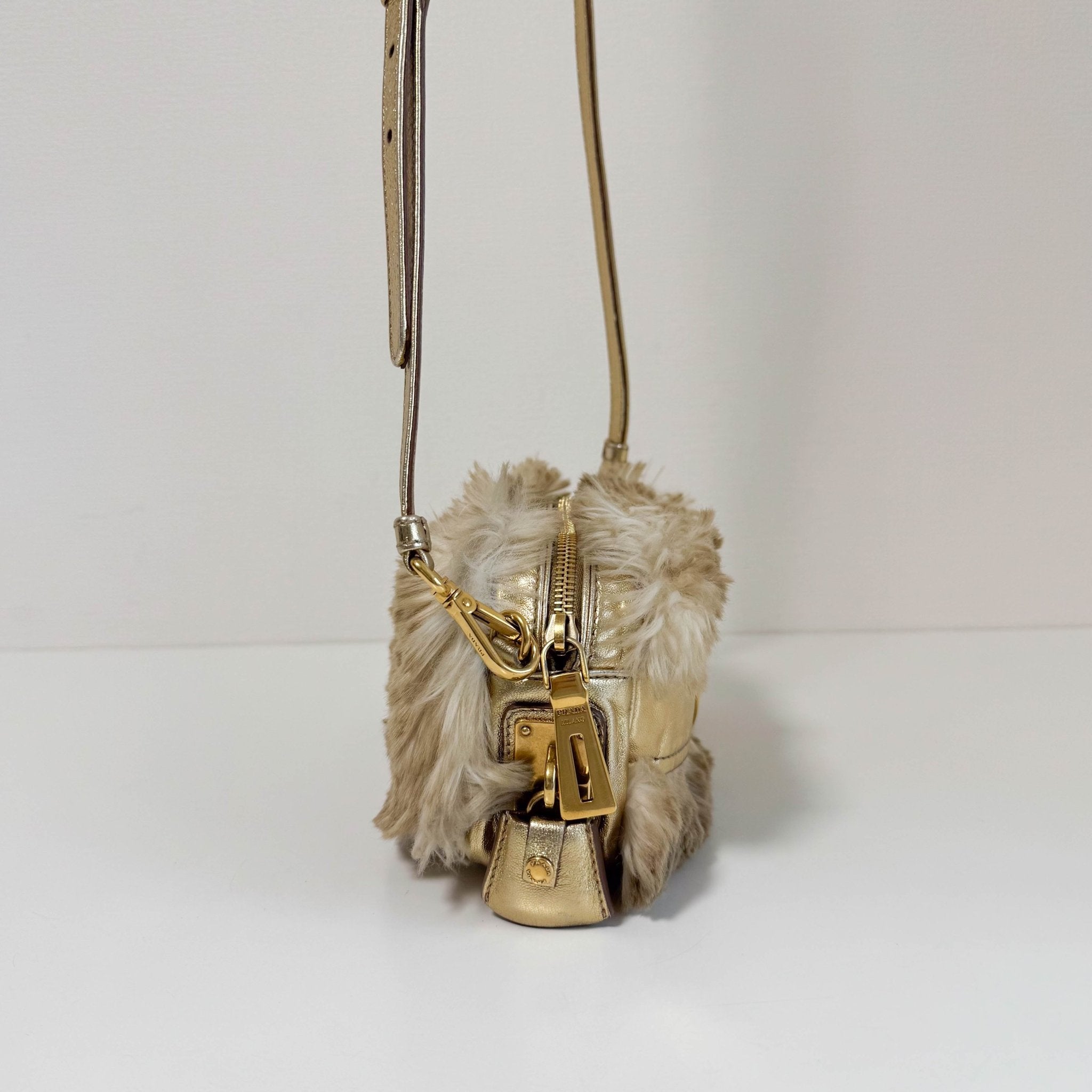 PRADA Faux Fur Gold Leather Shoulder Bag, in , Sold by HIVE PRELOVED - Crossbody bags, Shoulder Bags,