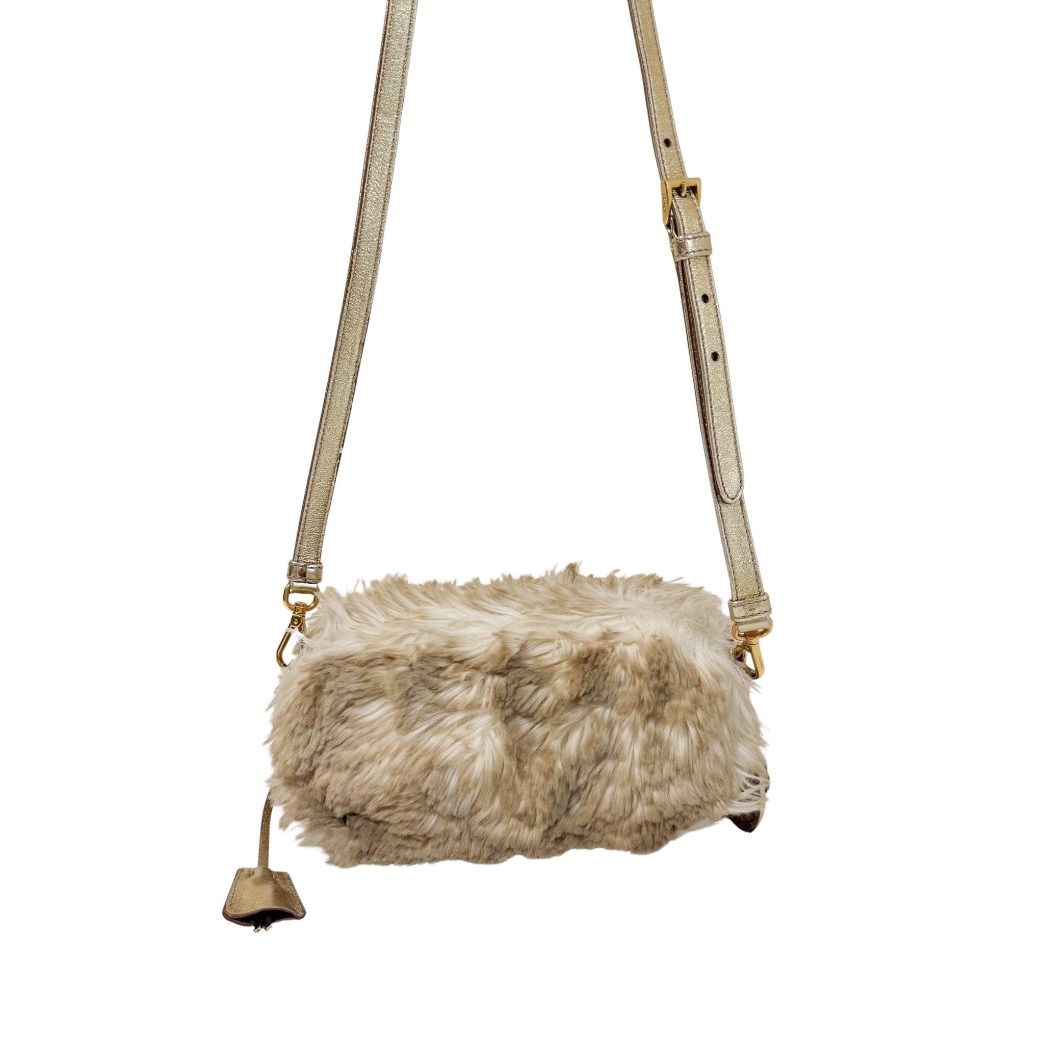 PRADA Faux Fur Gold Leather Shoulder Bag, in , Sold by HIVE PRELOVED - Crossbody bags, Shoulder Bags,