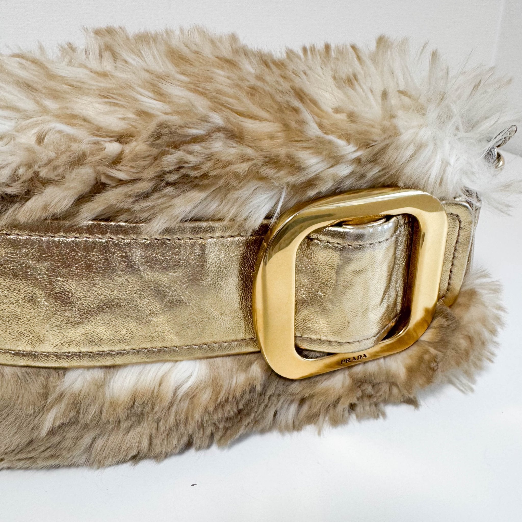 PRADA Faux Fur Gold Leather Shoulder Bag, in , Sold by HIVE PRELOVED - Crossbody bags, Shoulder Bags,