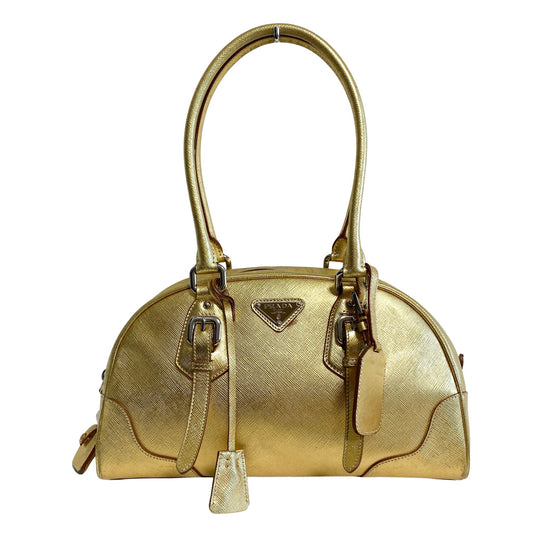 PRADA Gold Saffiano Leather Bowling Bag, in , Sold by HIVE PRELOVED - Shoulder Bags, ,