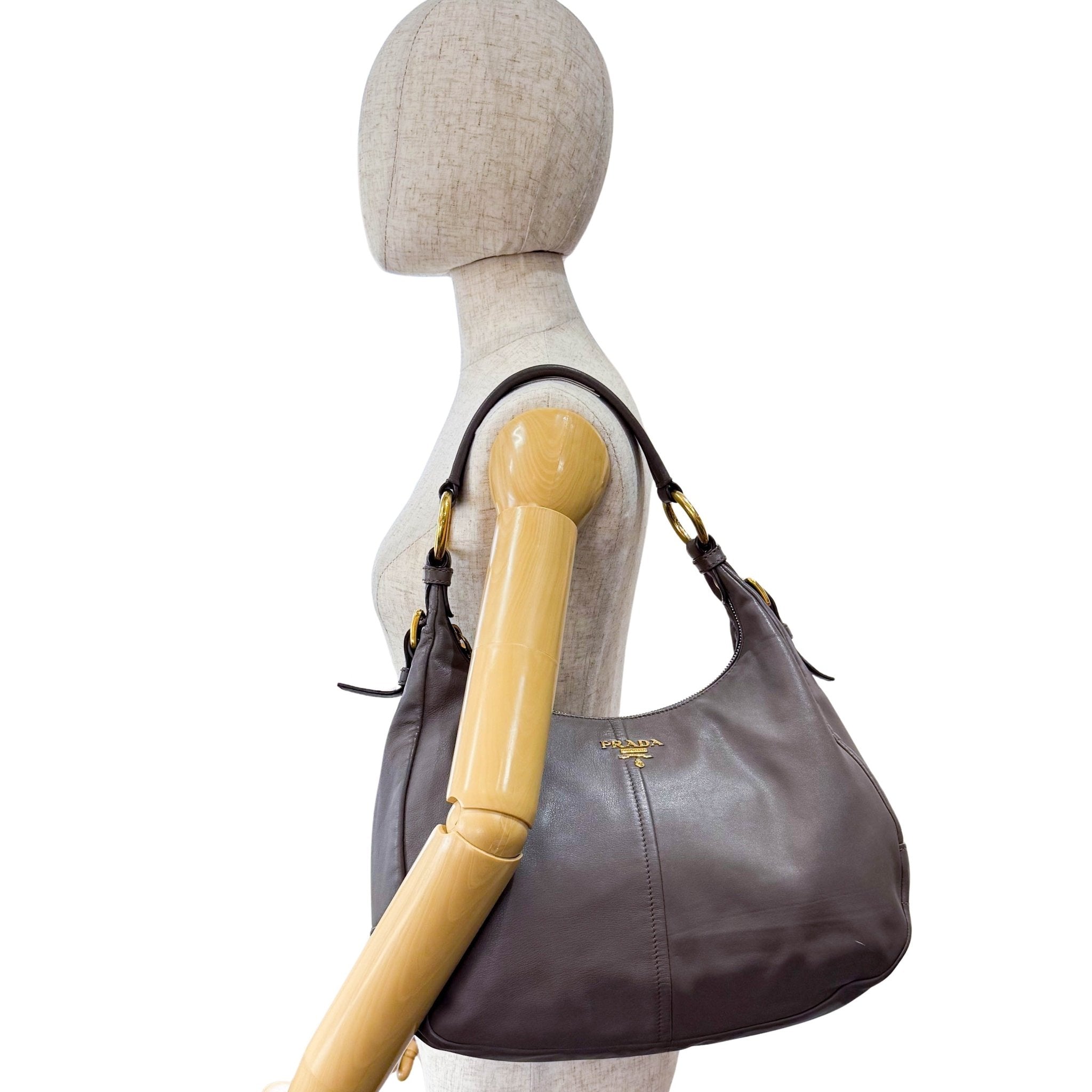 PRADA Grey Leather Hobo Shoulder Bag, in , Sold by HIVE PRELOVED - Shoulder Bags, ,