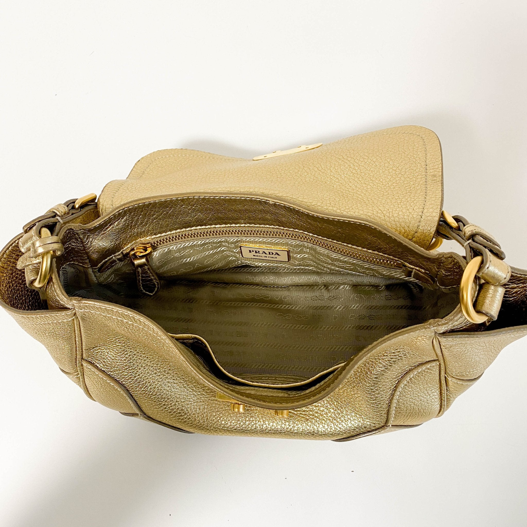 PRADA Metallic Gold Vitello Daino Flap Shoulder Bag, in , Sold by HIVE PRELOVED - Shoulder Bags, ,