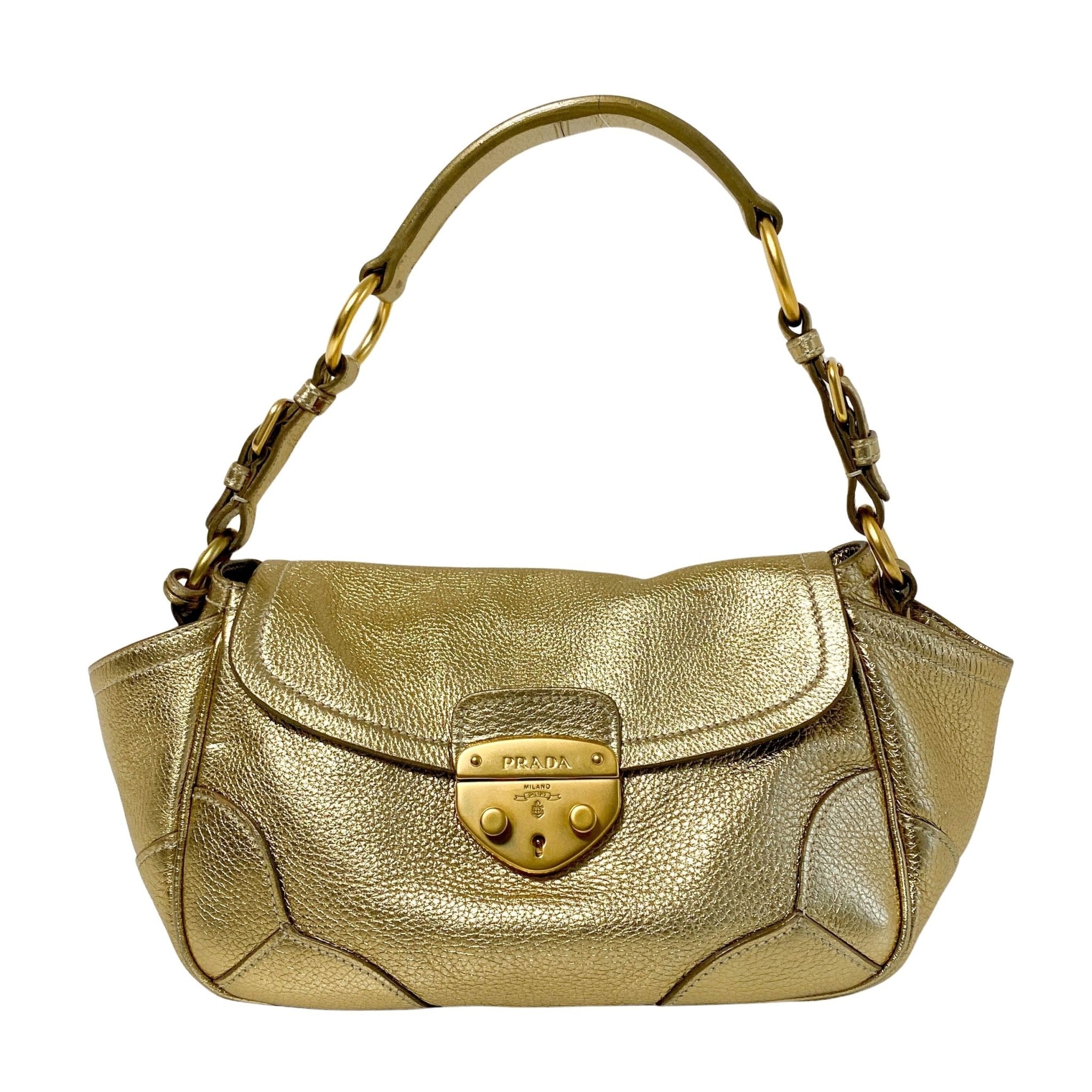 PRADA Metallic Gold Vitello Daino Flap Shoulder Bag, in , Sold by HIVE PRELOVED - Shoulder Bags, ,
