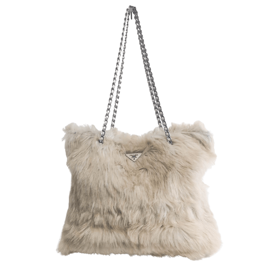 PRADA Vintage Cream / Silver Eco Faux Fur Logo Chain Tote Bag, in , Sold by HIVE PRELOVED - Shoulder Bags, Totes,