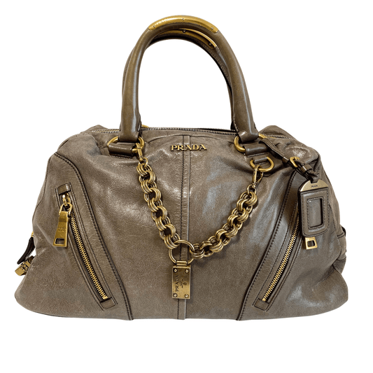 PRADA Vitello Shine Khaki Leather Hand Bag, in , Sold by HIVE PRELOVED - Handle Bags, Shoulder Bags,