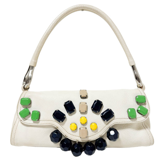 PRADA White Leather Bag with Multicolor Cabochons Embellishement, in , Sold by HIVE PRELOVED - Shoulder Bags, ,