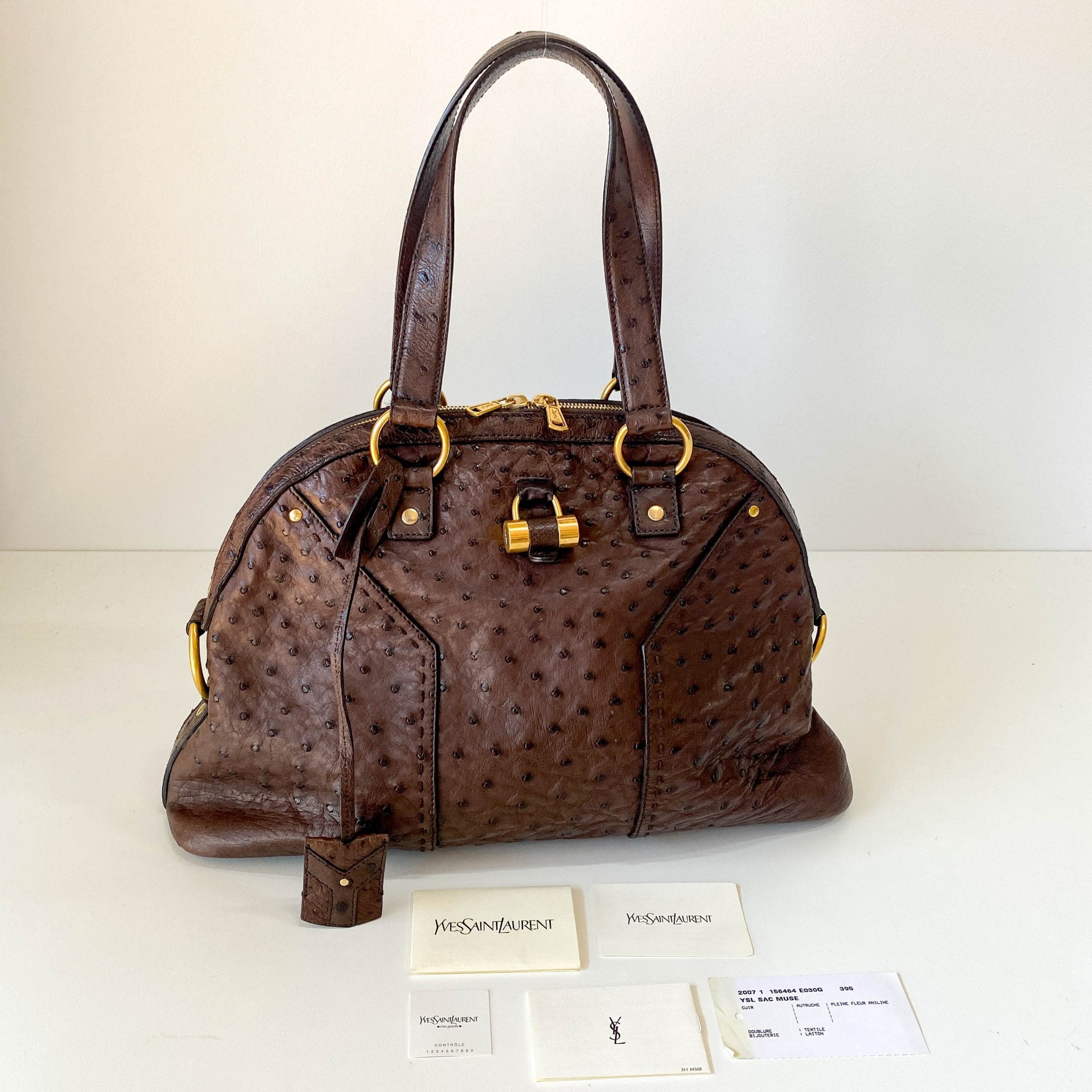SAINT LAURENT Brown Leather Ostrich Shoulder Bag, in , Sold by HIVE PRELOVED - Shoulder Bags, ,