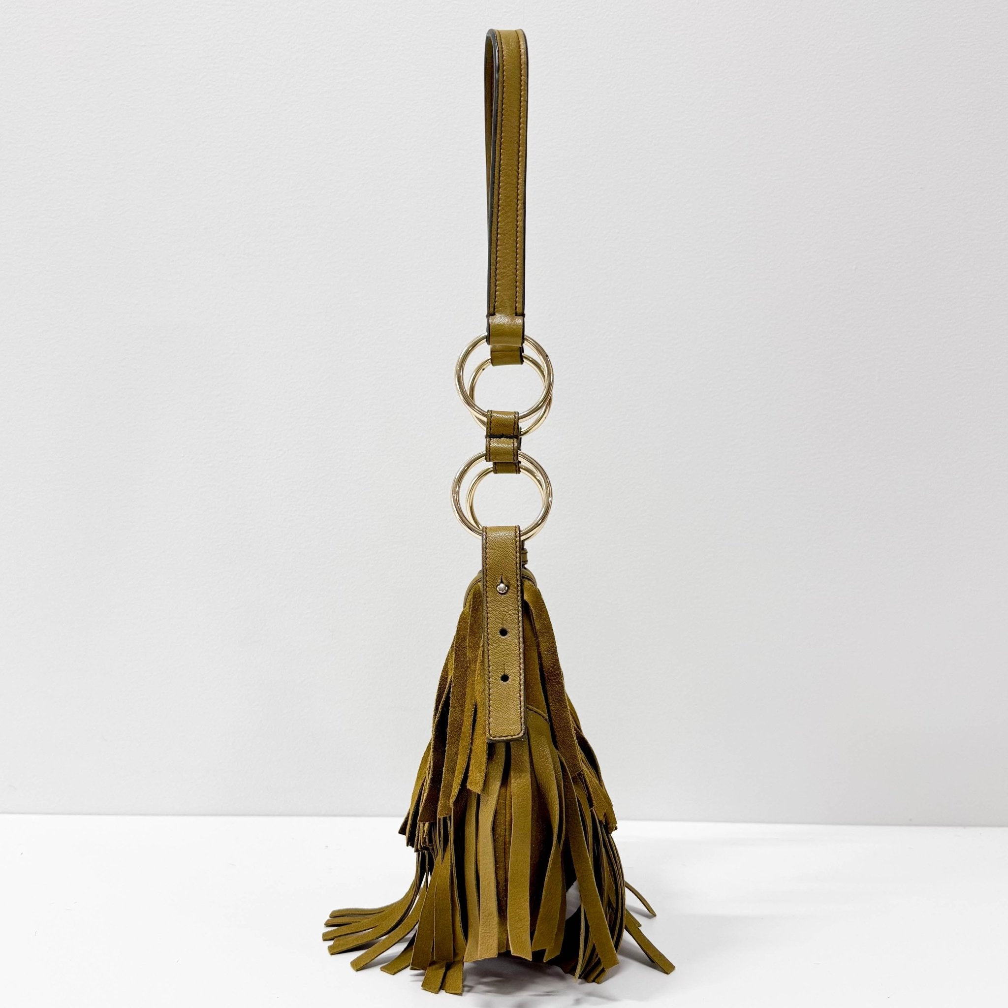 SAINT LAURENT Khaki Green Suede Fringe Shoulder Bag, in , Sold by HIVE PRELOVED - Shoulder Bags, ,