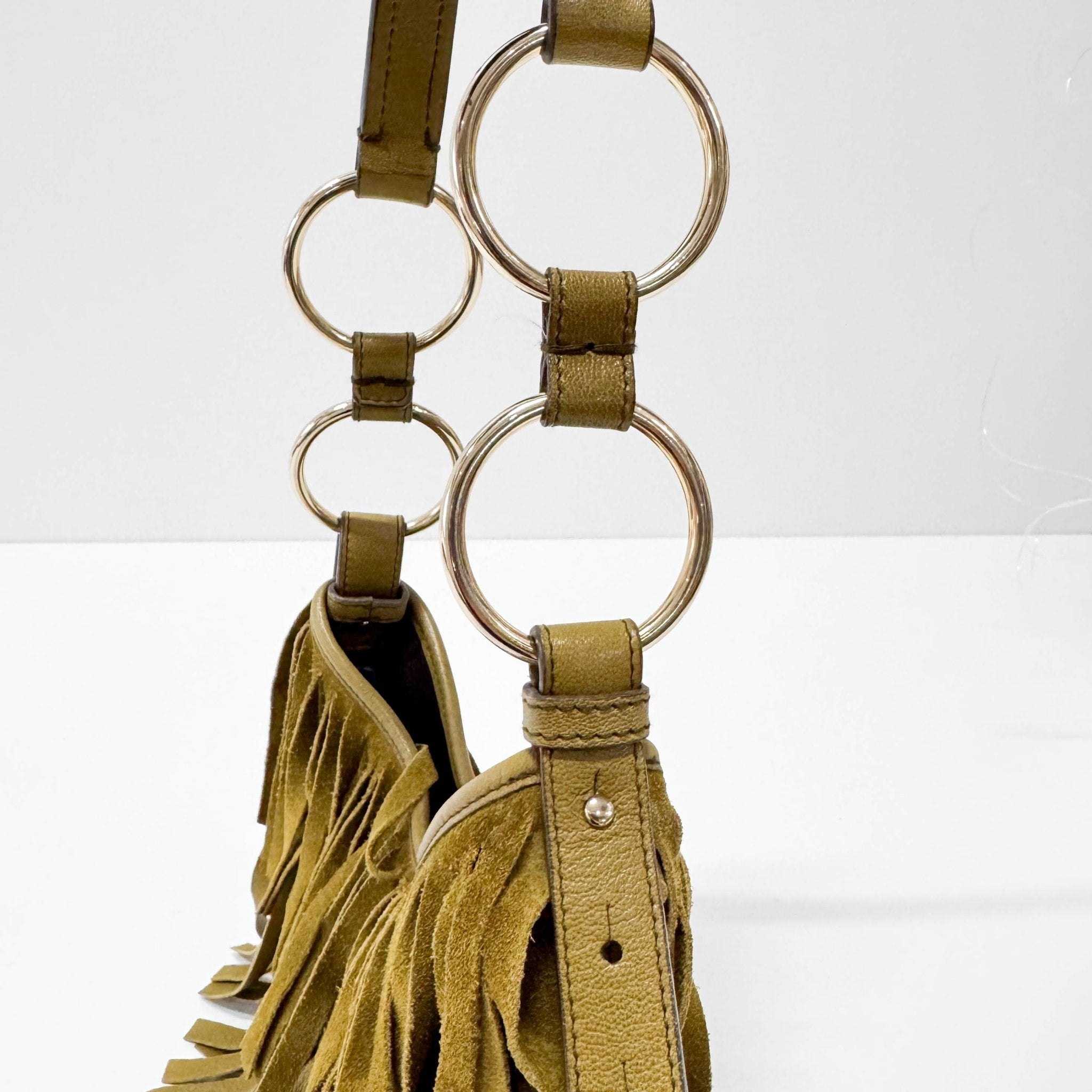 SAINT LAURENT Khaki Green Suede Fringe Shoulder Bag, in , Sold by HIVE PRELOVED - Shoulder Bags, ,