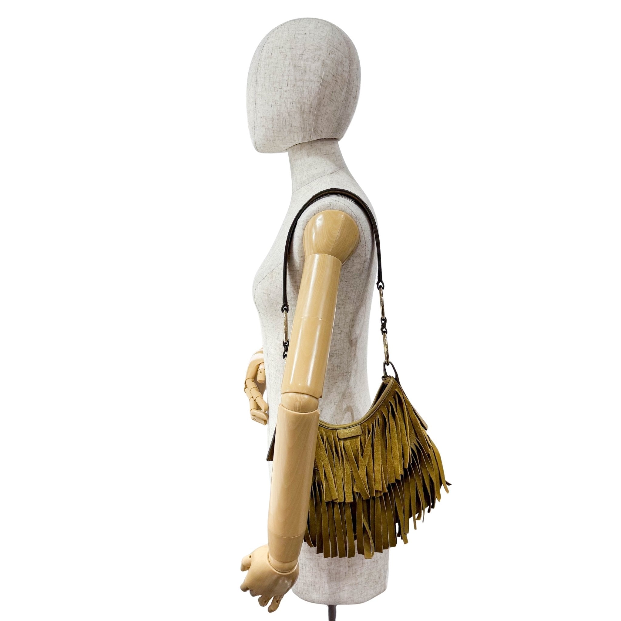 SAINT LAURENT Khaki Green Suede Fringe Shoulder Bag, in , Sold by HIVE PRELOVED - Shoulder Bags, ,