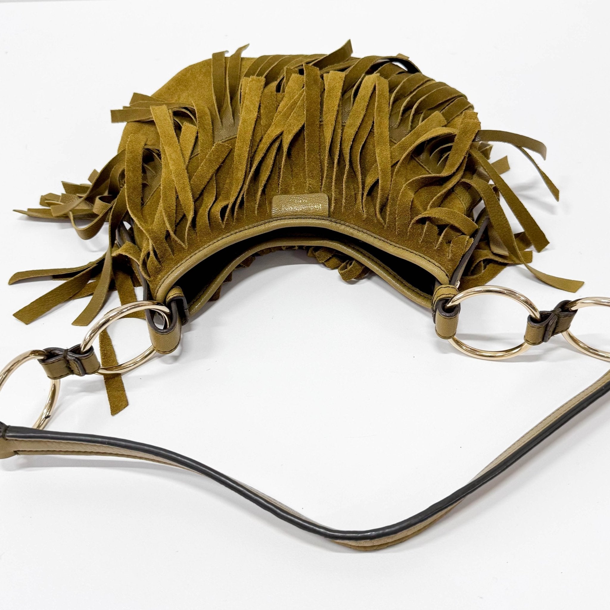 SAINT LAURENT Khaki Green Suede Fringe Shoulder Bag, in , Sold by HIVE PRELOVED - Shoulder Bags, ,