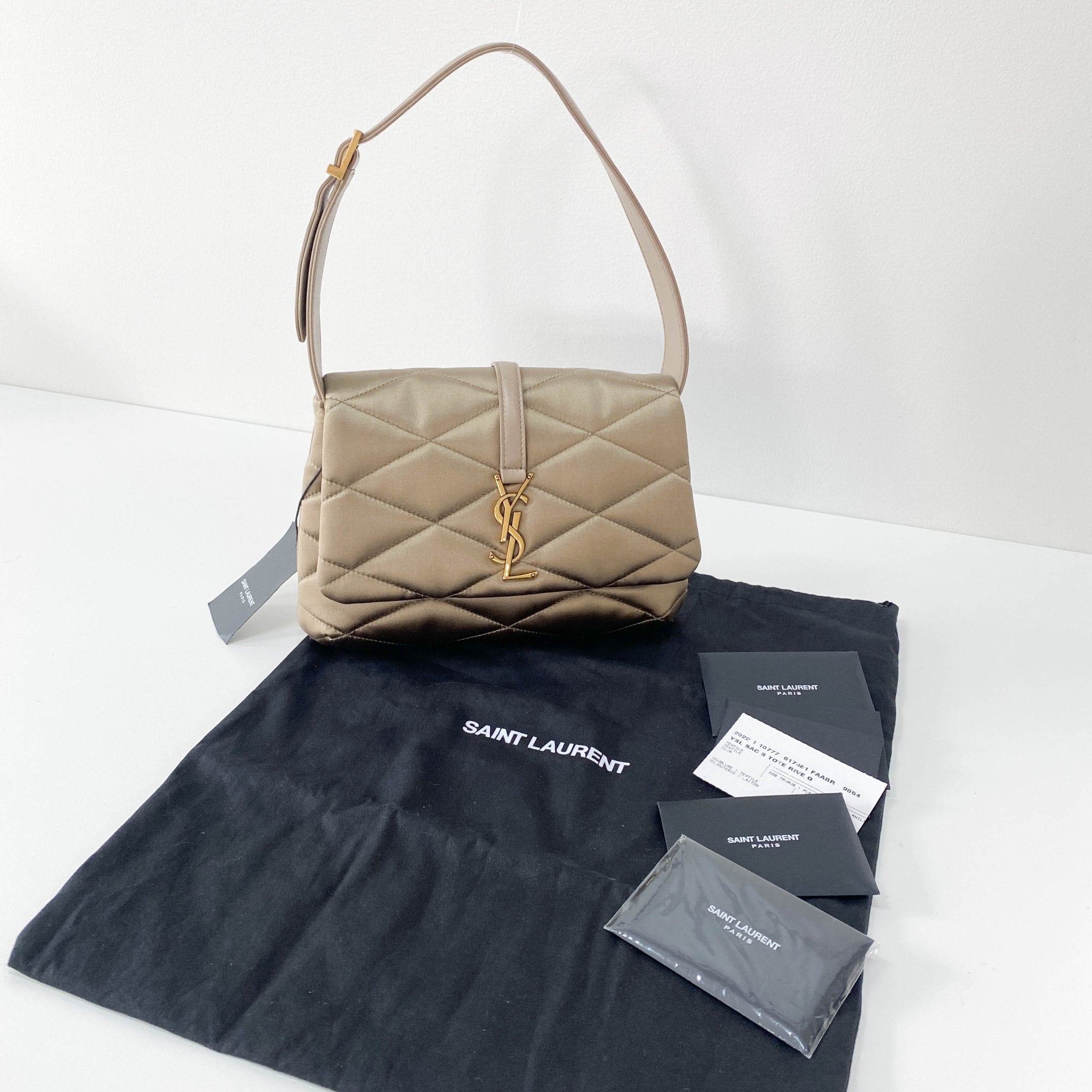 SAINT LAURENT LE 5 À 7 Puffer Gold Satin Shoulder Bag, in , Sold by HIVE PRELOVED - Shoulder Bags, ,