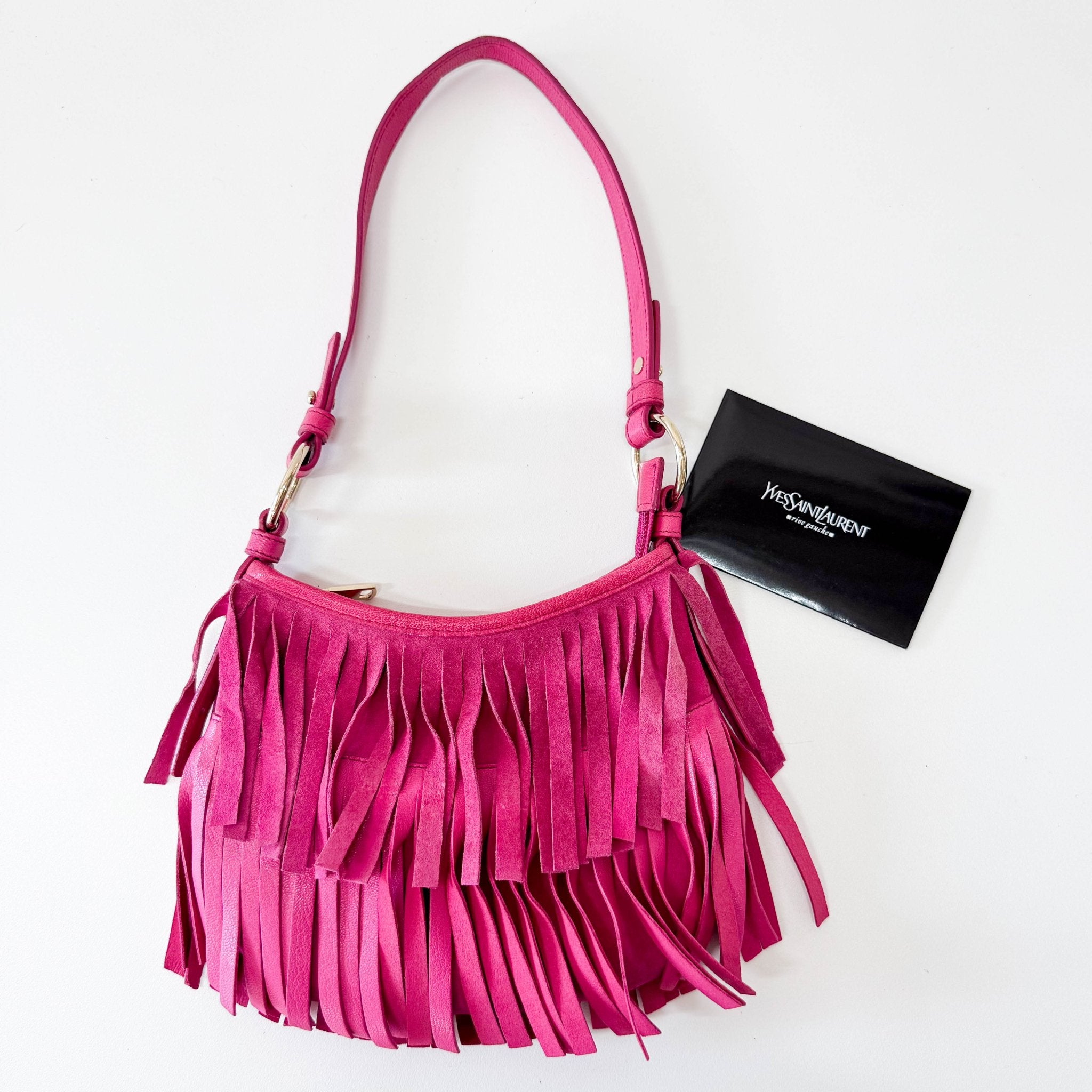 SAINT LAURENT Rive Gauche Pink Fringe Leather Mini Shoulder Bag, in , Sold by HIVE PRELOVED - Shoulder Bags, ,