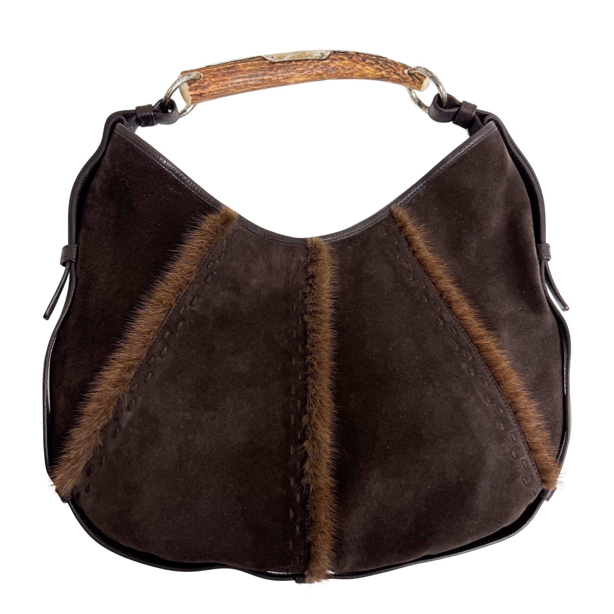 SAINT LAURENT YSL Mombasa Suede and Mink Handle Bag Brown, in , Sold by HIVE PRELOVED - Handle Bags, Shoulder Bags,