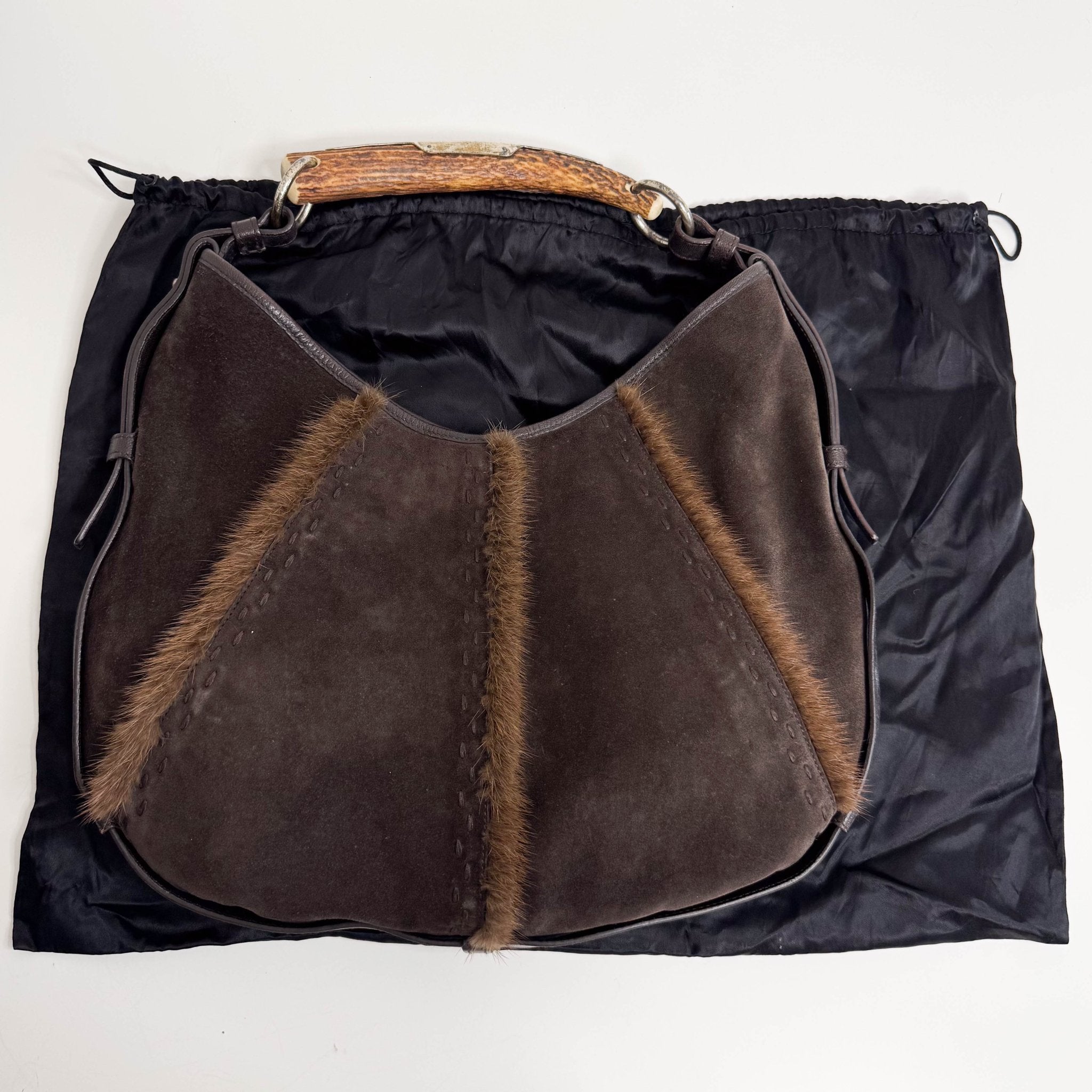 SAINT LAURENT YSL Mombasa Suede and Mink Handle Bag Brown, in , Sold by HIVE PRELOVED - Handle Bags, Shoulder Bags,