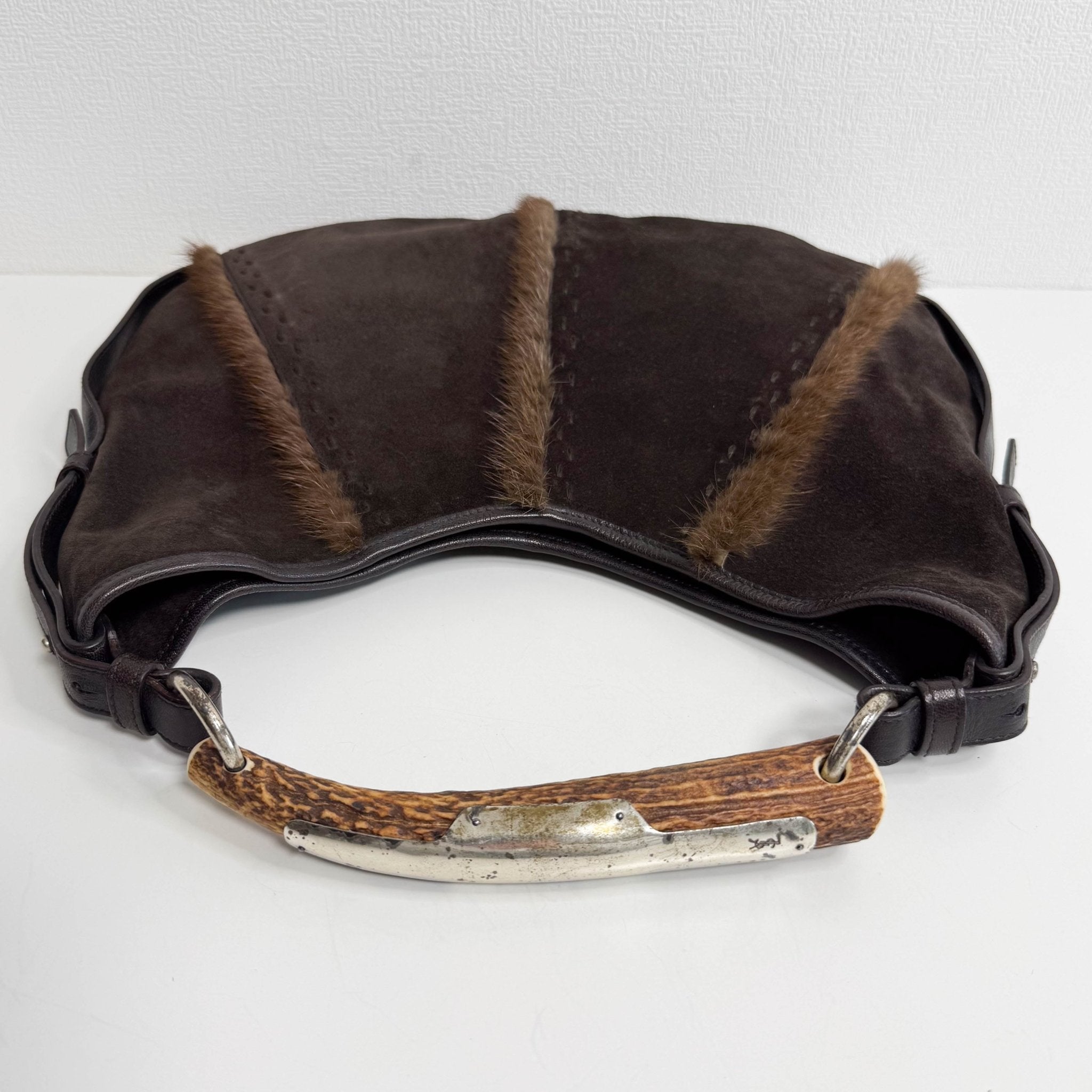 SAINT LAURENT YSL Mombasa Suede and Mink Handle Bag Brown, in , Sold by HIVE PRELOVED - Handle Bags, Shoulder Bags,