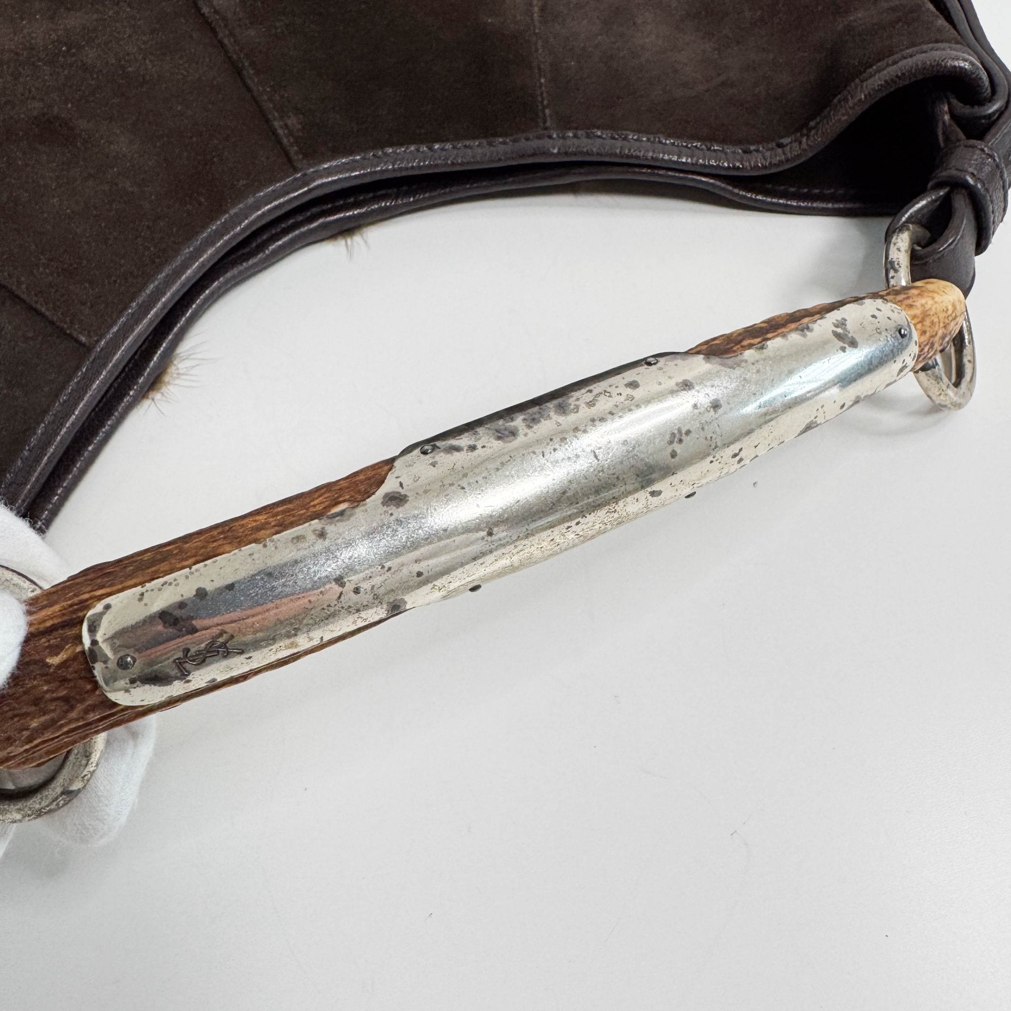 SAINT LAURENT YSL Mombasa Suede and Mink Handle Bag Brown, in , Sold by HIVE PRELOVED - Handle Bags, Shoulder Bags,