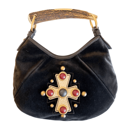 SAINT LAURENT Yves Saint Laurent Vintage Mombasa Beaded Cross Velvet Dark Brown Handbag in Sold by HIVE PRELOVED-Handle Bag