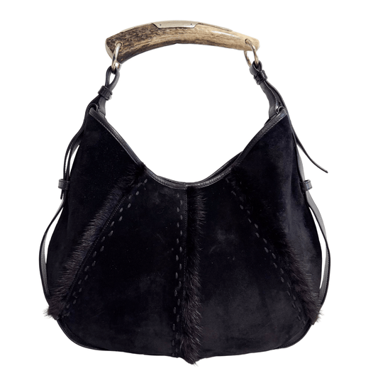 SAINT LAURENT Yves Saint Laurent Vintage Mombasa Black Suede and Fur Shoulder Bag, in , Sold by HIVE PRELOVED - Shoulder Bag