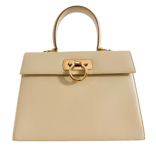 SALVATORE FERRAGAMO Gancini Beige Leather Top Handle Handbag, in , Sold by HIVE PRELOVED - Handle Bags, ,