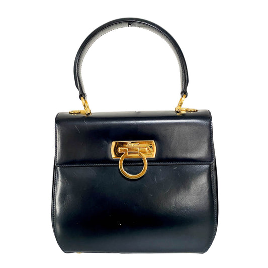 SALVATORE FERRAGAMO Gancini Black Box Calf Leather Top Handle Bag, in , Sold by HIVE PRELOVED - Crossbody bags, Handle Bags,